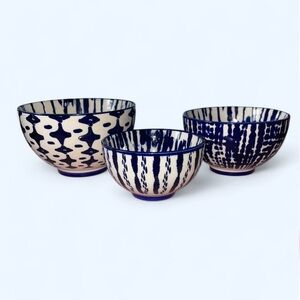 West Elm Blue and Cream Hand-Painted Ceramic Bowl Set